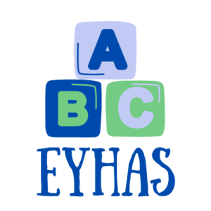 EYHAS Logo consiting of 3 building blocks with a, b and c and the letters e,y,h,a,s.