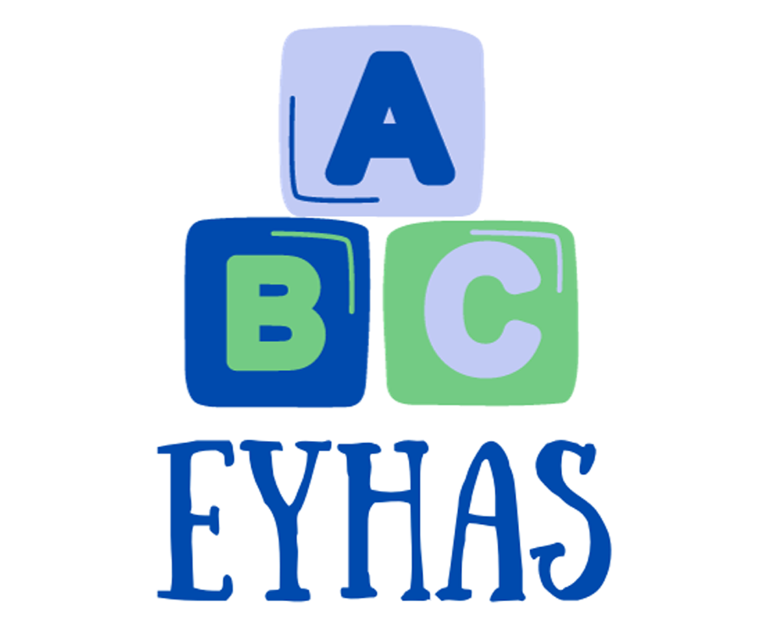 EYHAS Logo consiting of 3 building blocks with a, b and c and the letters e,y,h,a,s.